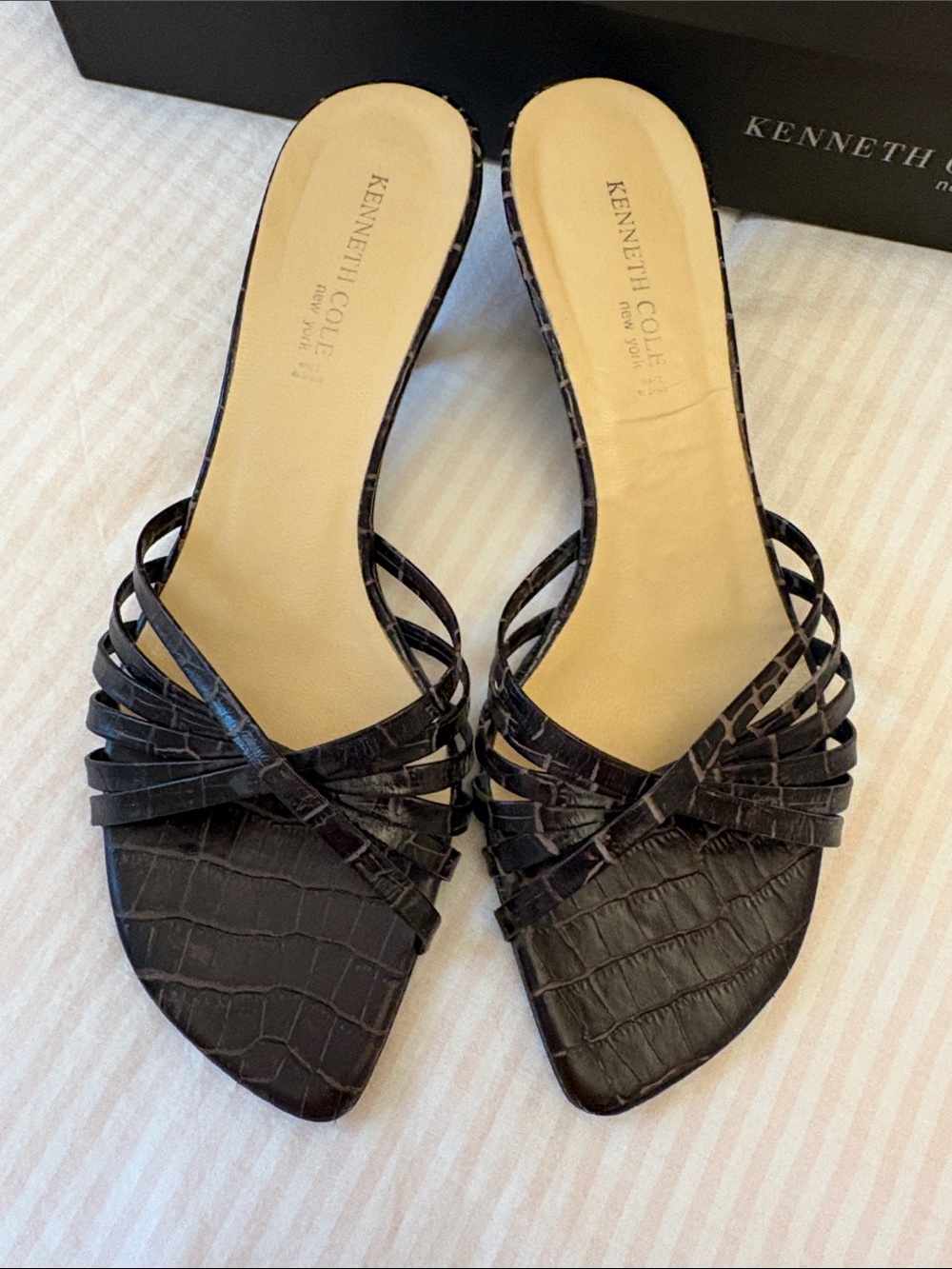 Kenneth Cole Chocolate Brown Croc-Embossed Strappy Kitten Heel Slide Sandals
